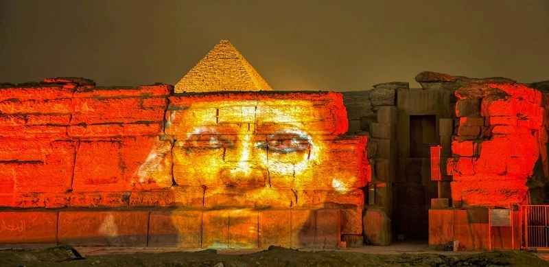 A photo of Egyptian king shown on the pyramid | Cairo Day Tour | Sound and Light Show Pyramids of Giza
